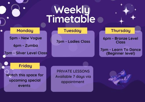 Motion Dance studio Bendigo Timetable Monday 5pm New Vogue Dance Class 6pm Zumba Class 7pm Silver Level Class, Tuesday 7pm Ladies Class, Thursday 6pm Bronze Level Class 7pm Learn to dance class Beginners